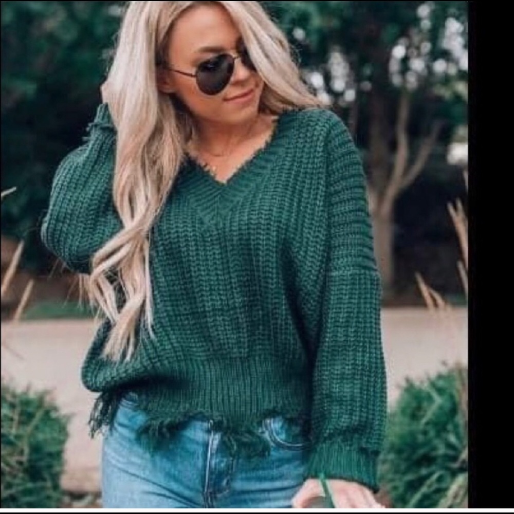 Green Distressed Cropped Sweater